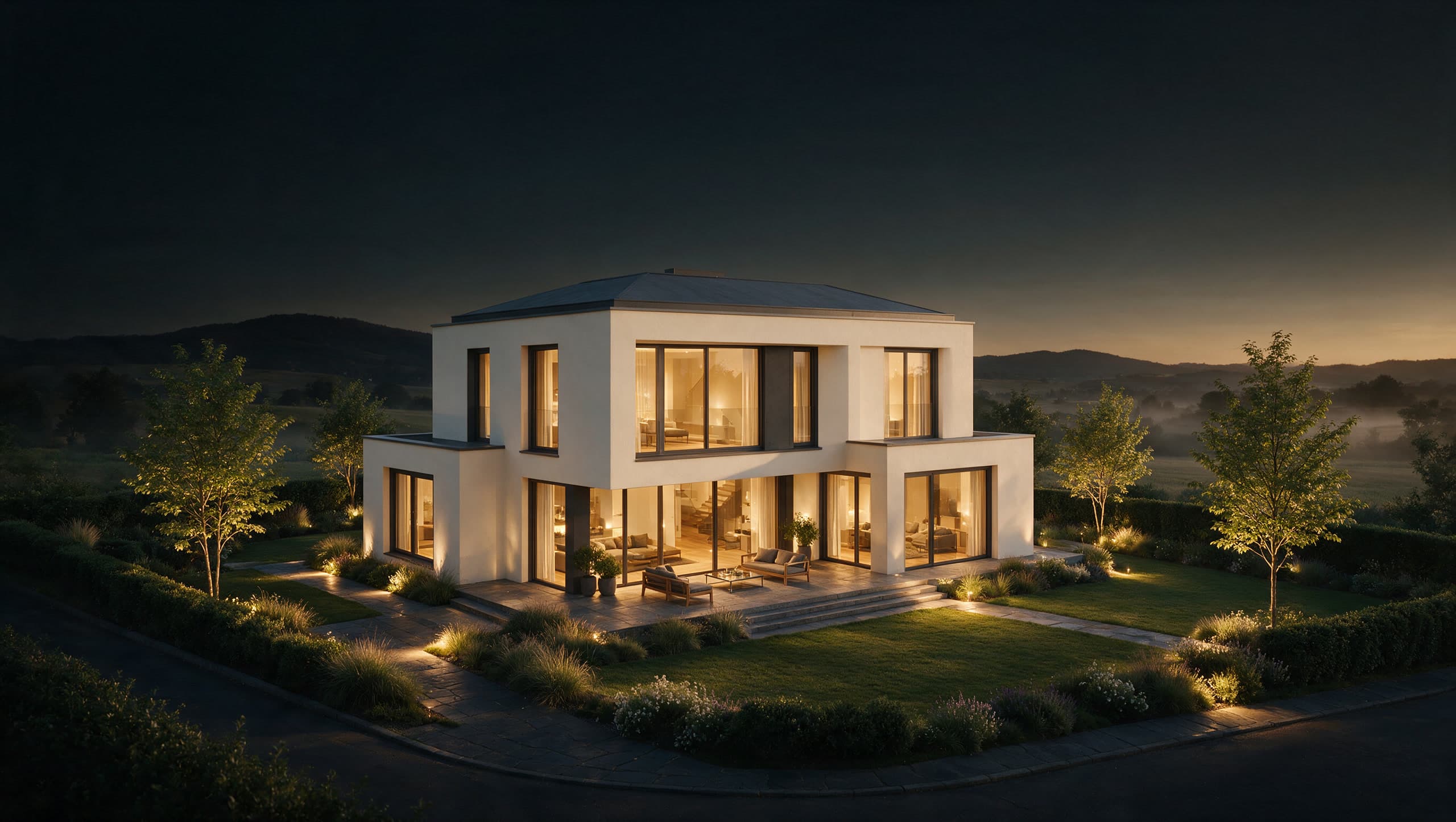 Fertige Villa mit warm erleuchteten Fenstern zur blauen Stunde