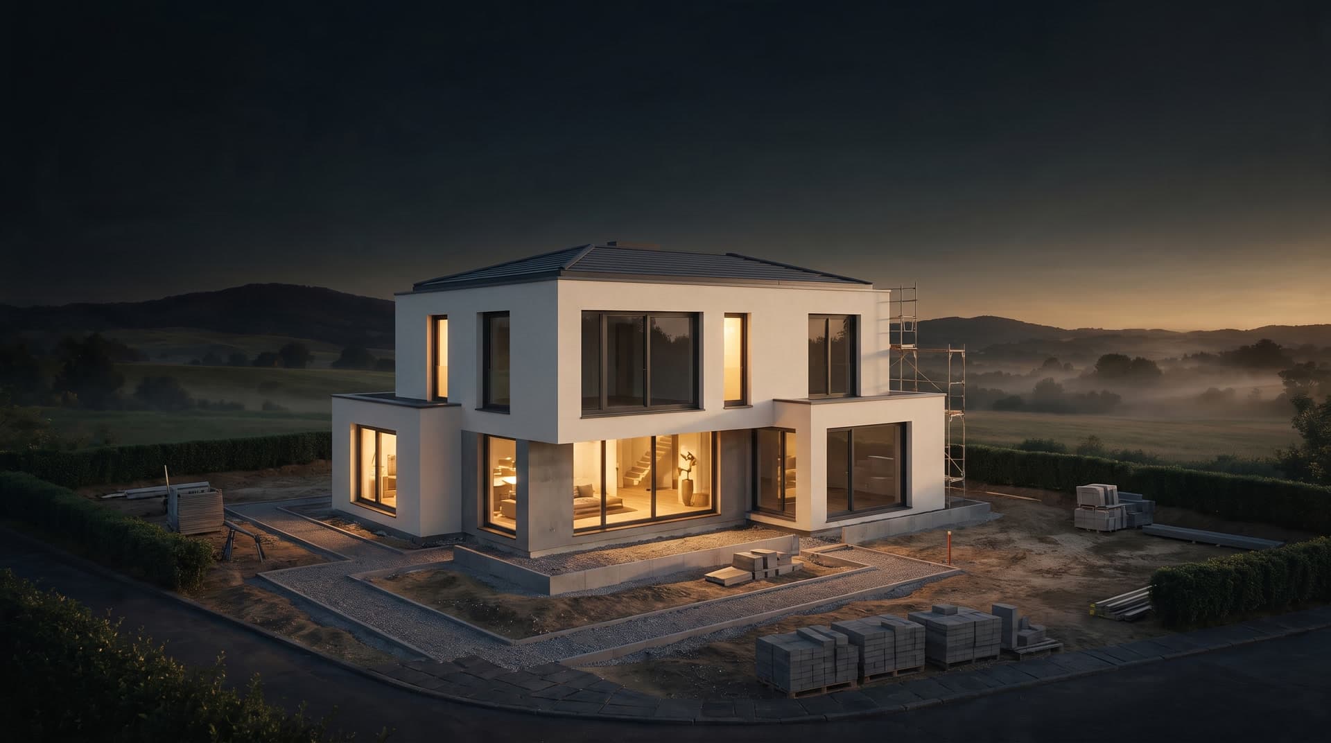 Villa in der Fassaden-Phase zur blauen Stunde — kurz vor der Fertigstellung