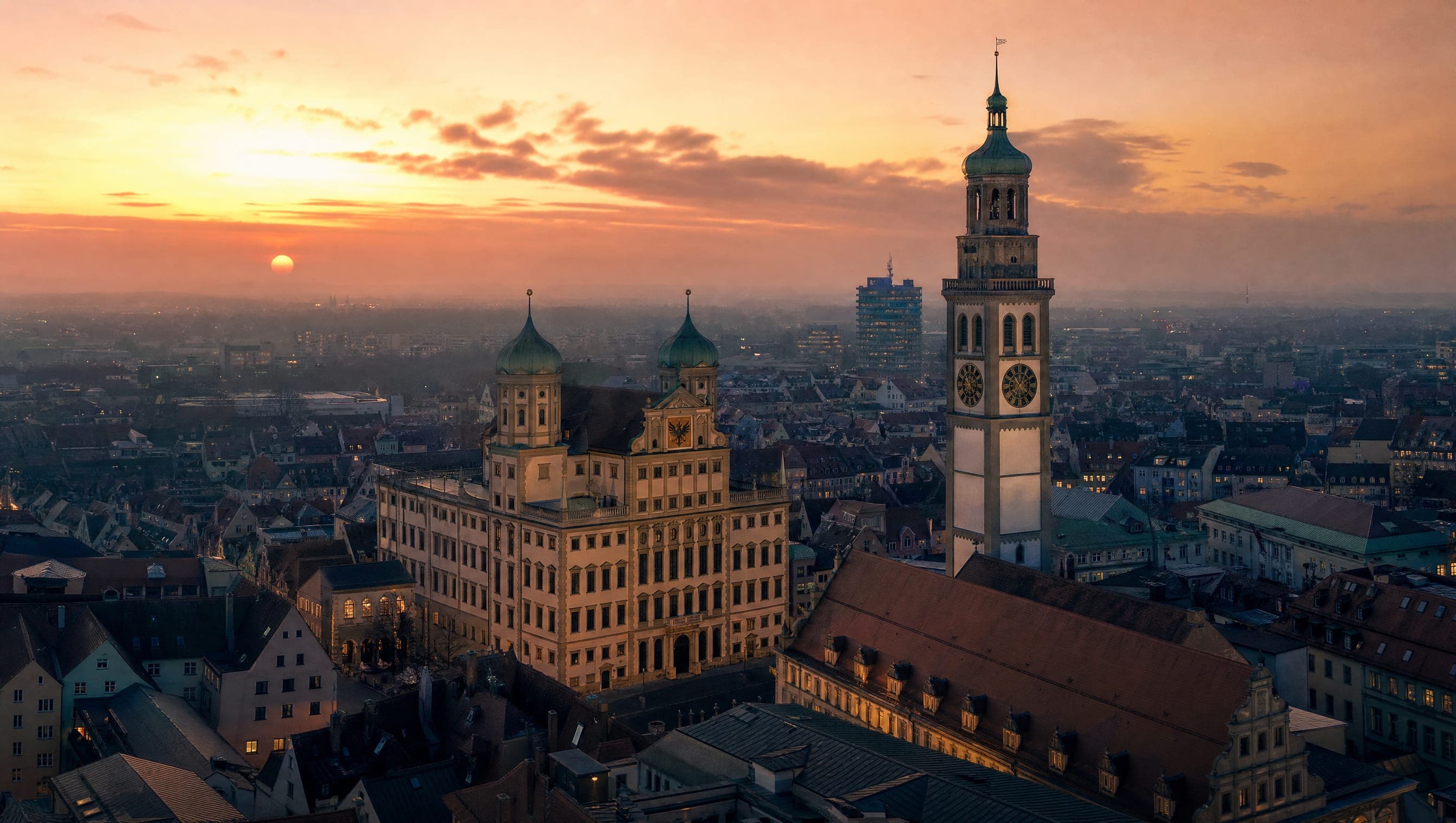 Augsburg in der Dämmerung: Rathaus und Perlachturm über den Dächern der Altstadt