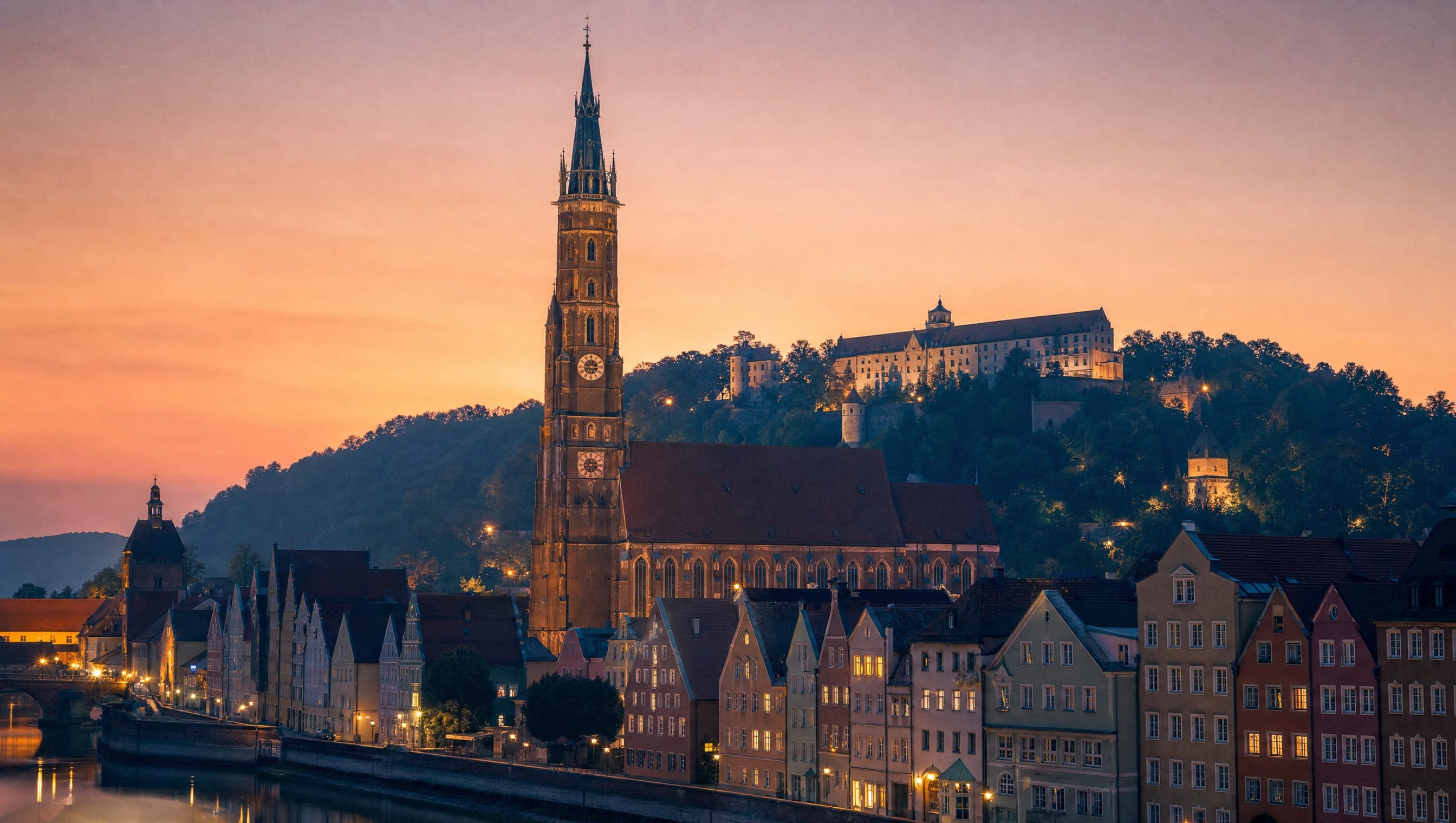 Landshut in der Dämmerung: der Backsteinturm von St. Martin über der Altstadt, dahinter Burg Trausnitz